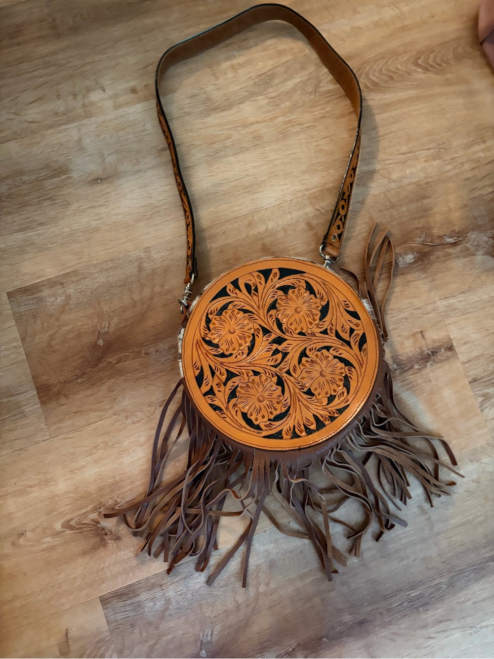 Handcrafted Tan Floral Tooled Leather Round Fringe Crossbody Bag